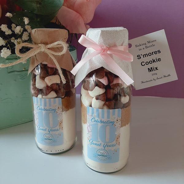 ZZZ Our 10th Celebration S'MORES Cookie Mix in a bottle. Makes 6 or 12 delicious cookies