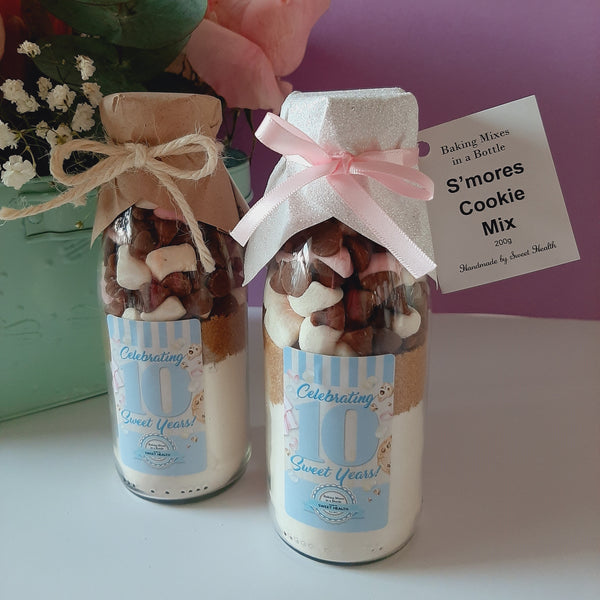 Our 10th Celebration S'MORES Cookie Mix in a bottle. Makes 6 or 12 delicious cookies