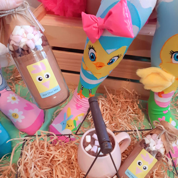 EASTER - Baking In Socks Bundle (Cheeky Chicks). MadMia Socks plus Easter Friends Hot Choc Drink Mix.